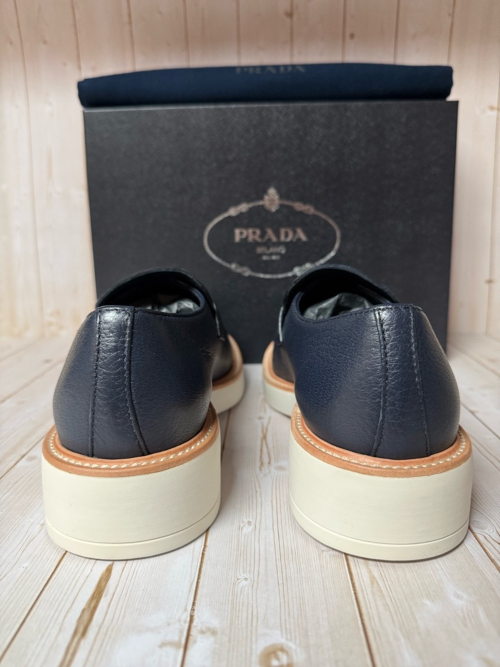 Prada Triangle-Logo Leather Loafers Navy Blue Sz 7.5UK / 8.5US - Picture 9 of 12
